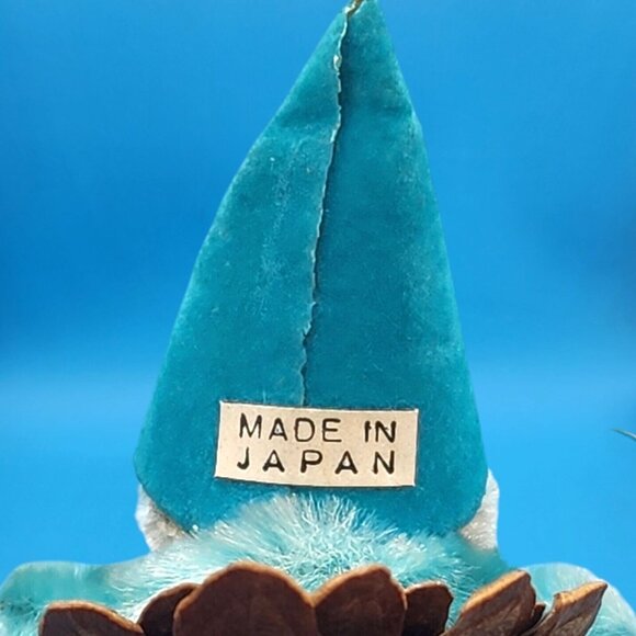 Vintage 1960s Pinecone Elf Ornament Blue Flocked Hat Chenille Arms Foil Stocking - Picture 8 of 9